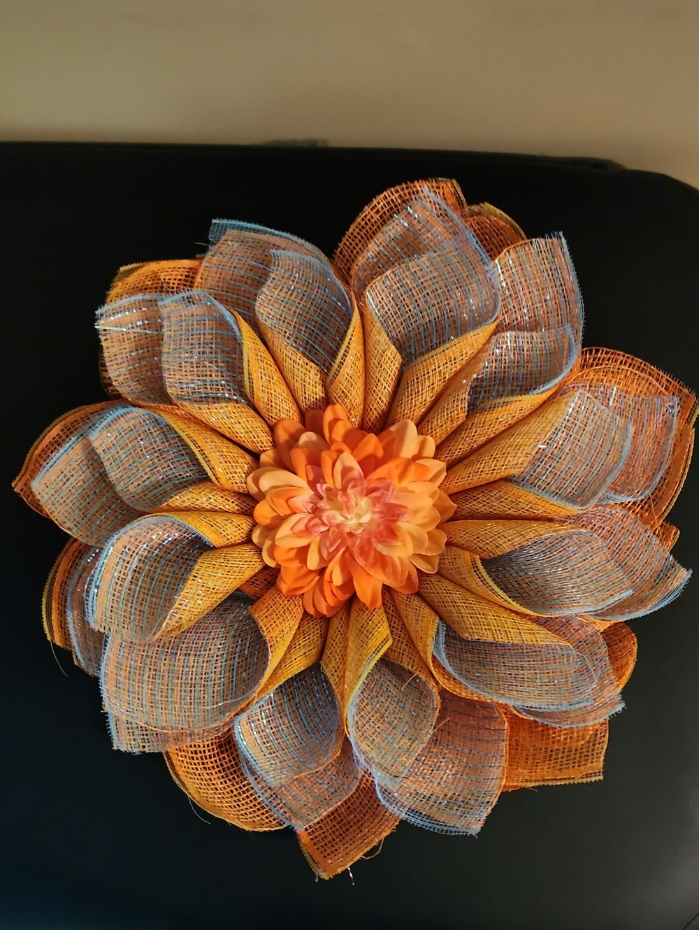 Orange Mesh Flower Wall Accent with Fabric Center Wreath